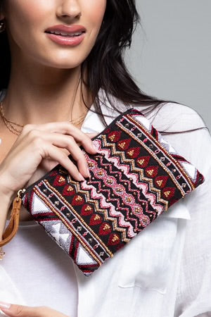 Handmade Beaded Western Bohemian Burgundy Clutch