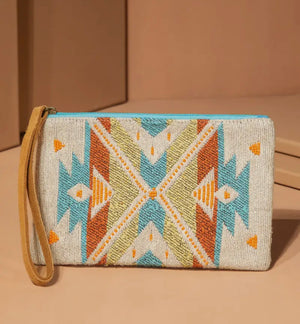 Open image in slideshow, Handmade Beaded Cream Ethnic design clutch and wristlet
