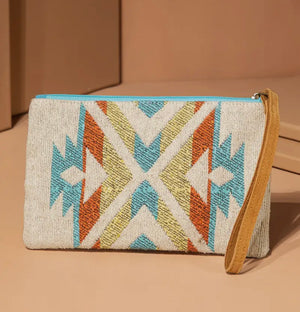 Handmade Beaded Cream Ethnic design clutch and wristlet