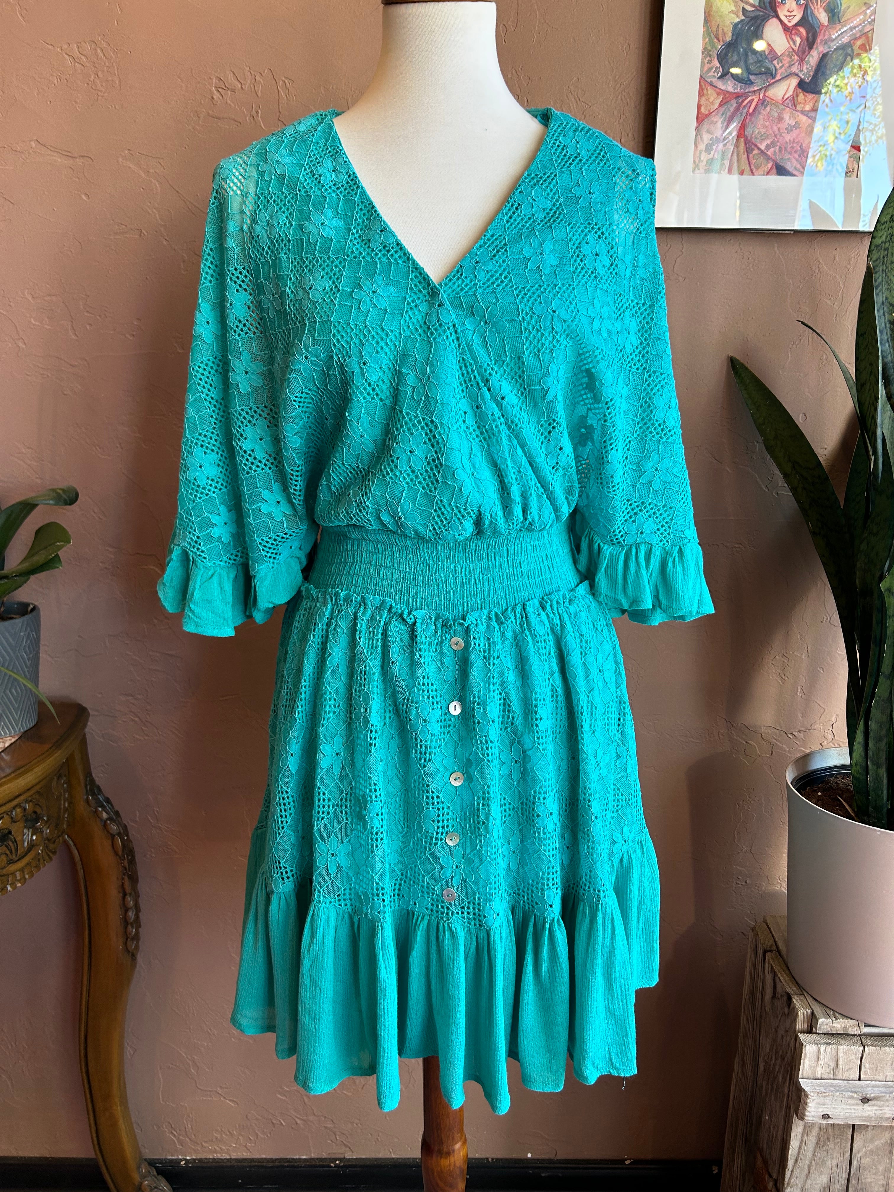 Turquoise Green Bell Sleeve Mini Dress
