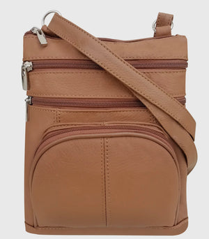 Brown pebbled leather crossbody bag with multiple zippers and pockets
