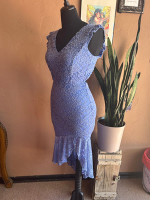 Violet Blue Floral Lace Open Back Mid-Length Dress