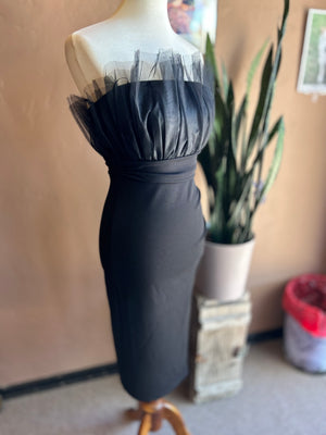 Black Tulle Strapless Mid Length Cocktail Dress