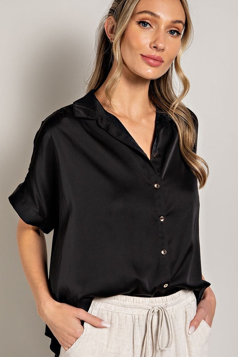 Black Satin Button Down Relax Fit Blouse