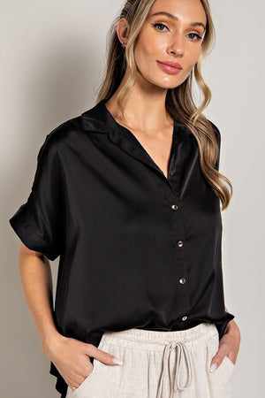 Open image in slideshow, Black Satin Button Down Relax Fit Blouse
