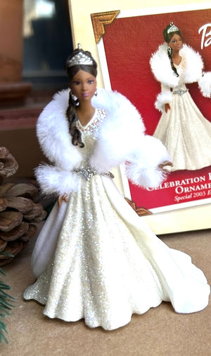 Decorative 2003 Barbie keepsake ornament in a white gown with fur accents 