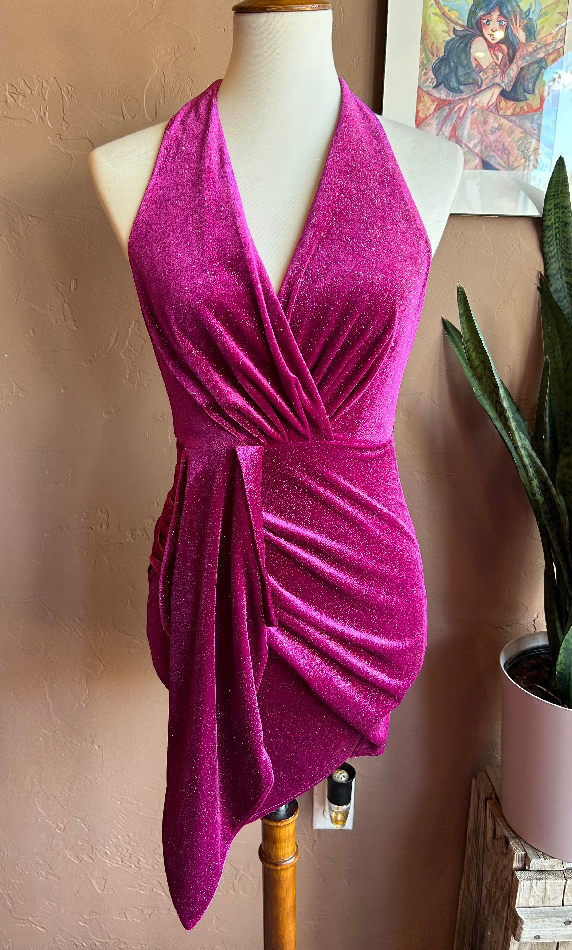 Pink Velvet Glitter Halter Cocktail Mini Dress