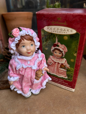 Decorative getting ready for Santa Mistletoe Miss  baby doll in pink outfit with teddy bear keepsake ornament 