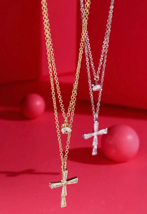 Open image in slideshow, Layered Chain Necklace with Pave Cross Pendant
