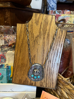 Western Turquoise Cowboy Hat Silvertone Necklace Seti