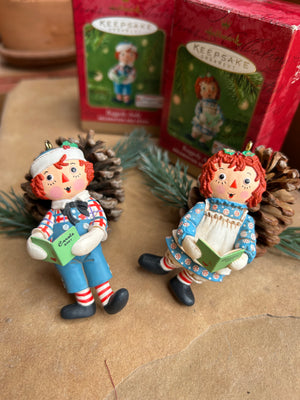 Raggedy Ann And Andy Two Christmas keepsake ornaments  vintage from 2001