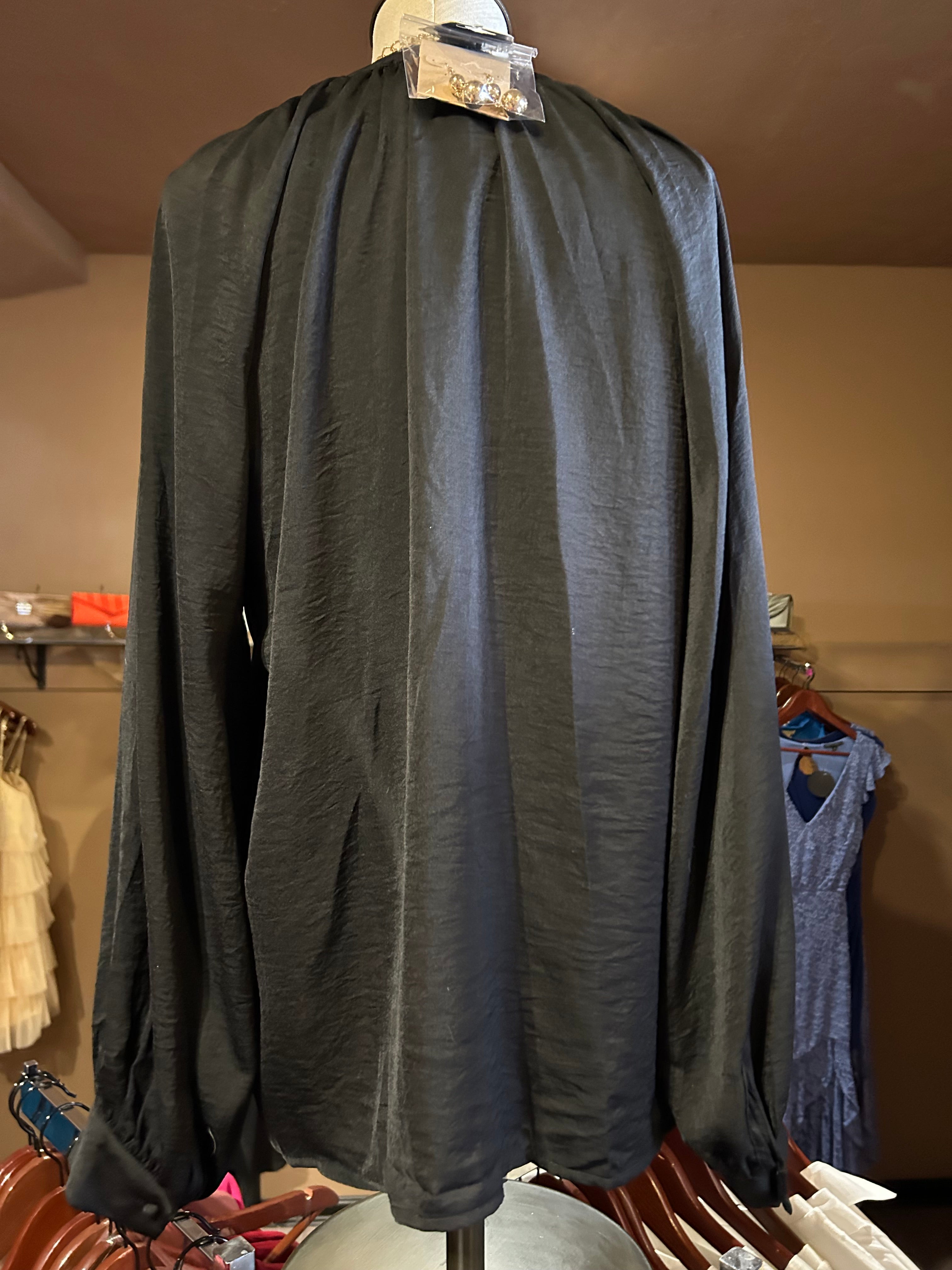Black Ruffle Silk Satin Long Sleeve Top