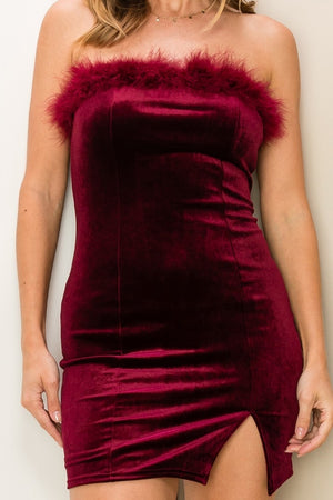 Wine Velvet Feather Trim Tube Cocktail Mini Dress