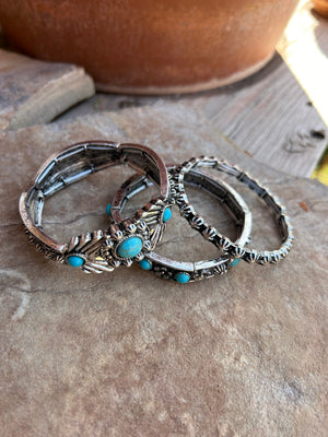 Turquoise Silver tone Stone Triple Layer Bracelet