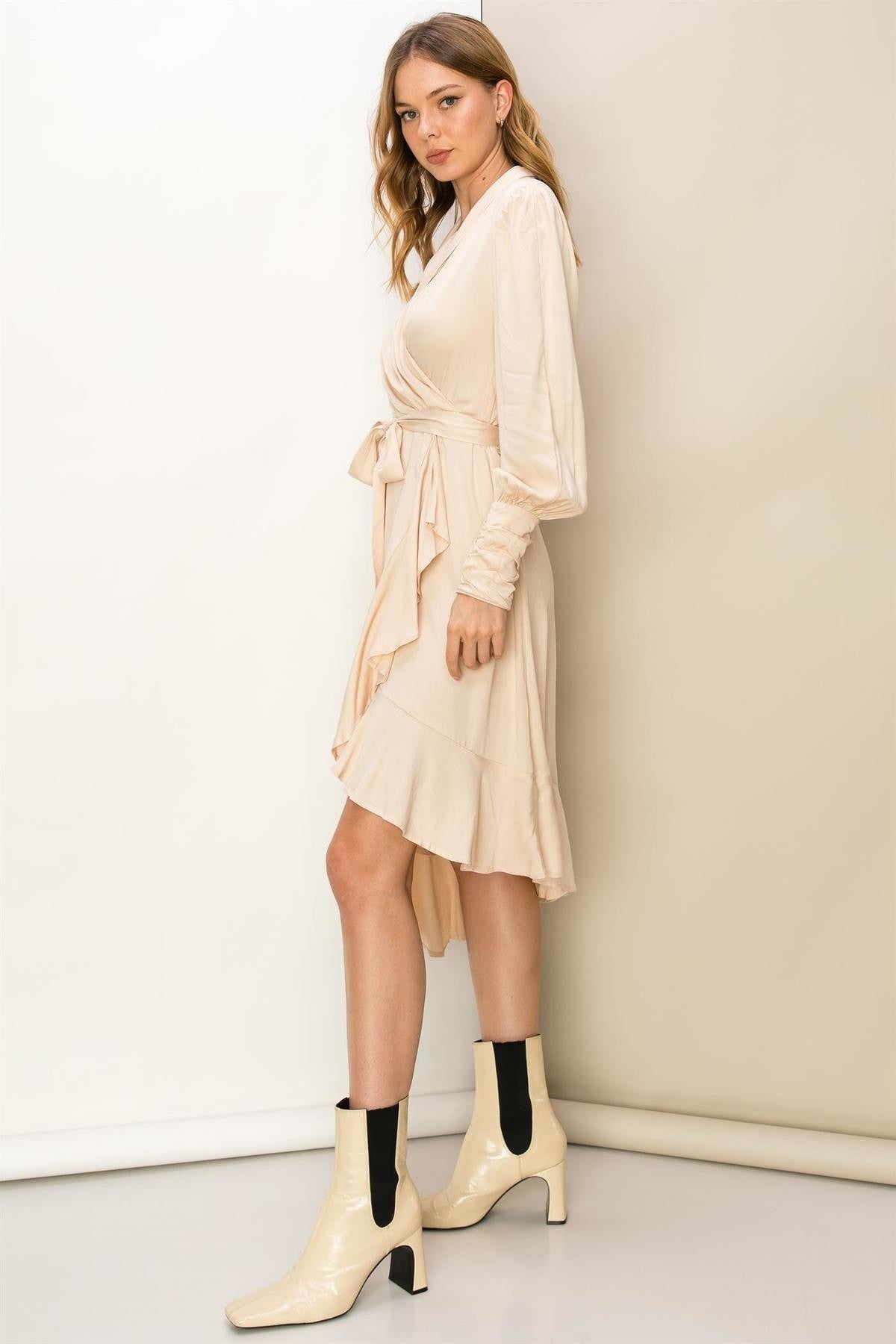 Cream Wrap Long Sleeve Mid Length Dress
