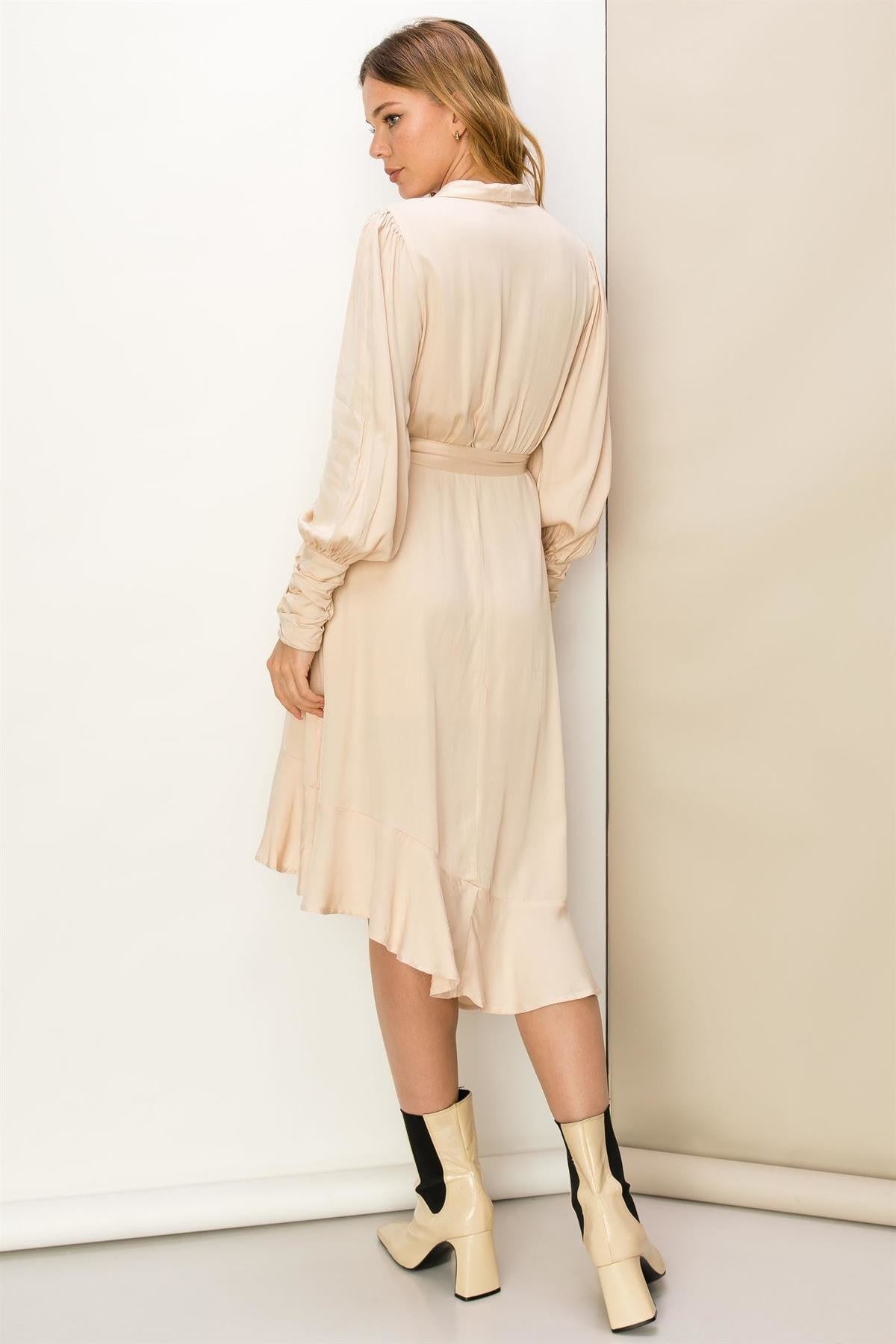Cream Wrap Long Sleeve Mid Length Dress