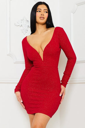 Open image in slideshow, Red Glitter Long Sleeve Mini Dress
