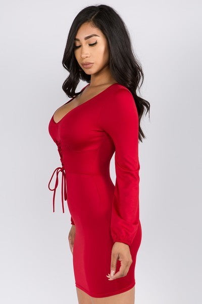 Red Tie Front Long Sleeve Mini Dress