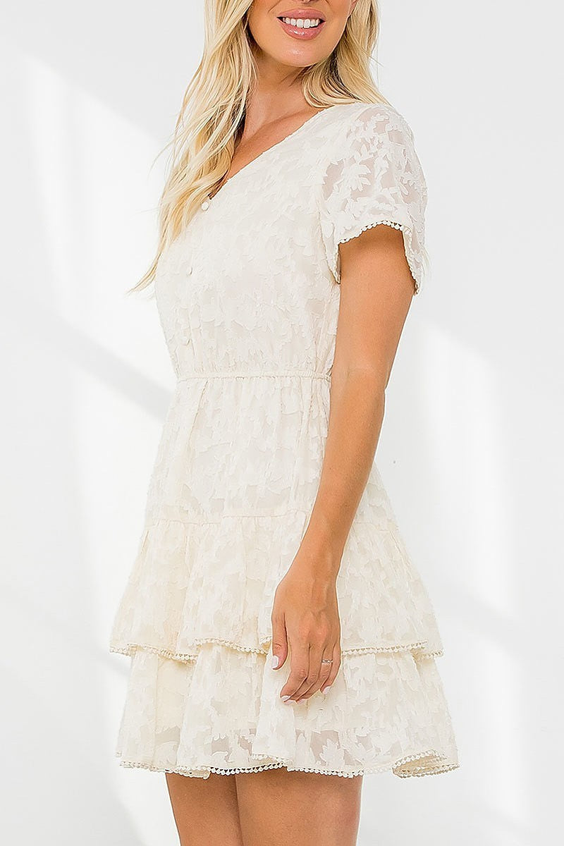 Off White Floral Lace Fit and Flare Mini Dress