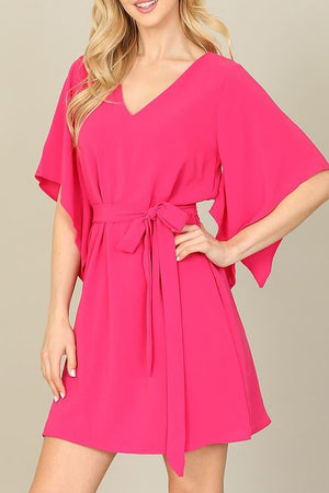 Open image in slideshow, Hot Pink Dolman Sleeve Tie Waisted Mini Dress

