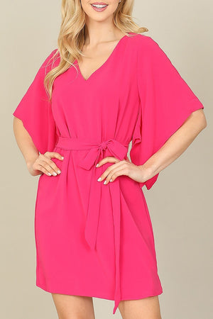 Hot Pink Dolman Sleeve Tie Waisted Mini Dress