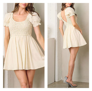 Open image in slideshow, Baby Doll Style Fit and Flare Natural Beige Mini Dress
