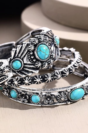 Open image in slideshow, Turquoise Silver tone Stone Triple Layer Bracelet

