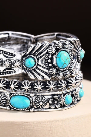 Turquoise Silver tone Stone Triple Layer Bracelet