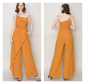 Open image in slideshow, Caramel One Shoulder Sarong Design Jumpsuit
