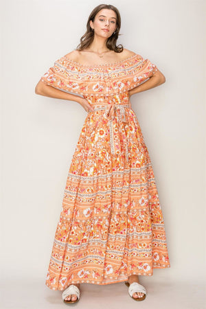 Open image in slideshow, Off the Shoulder Orange Floral Maxi Dress
