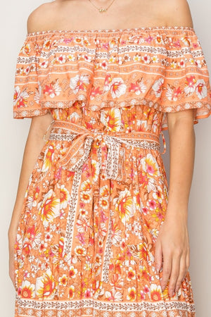 Off the Shoulder Orange Floral Maxi Dress