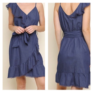 Open image in slideshow, Denim Spaghetti Wrap Ruffle Sleeveless Mini Dress
