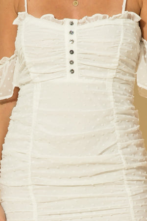 White Swiss Dot Off the Shoulder Mini Dress