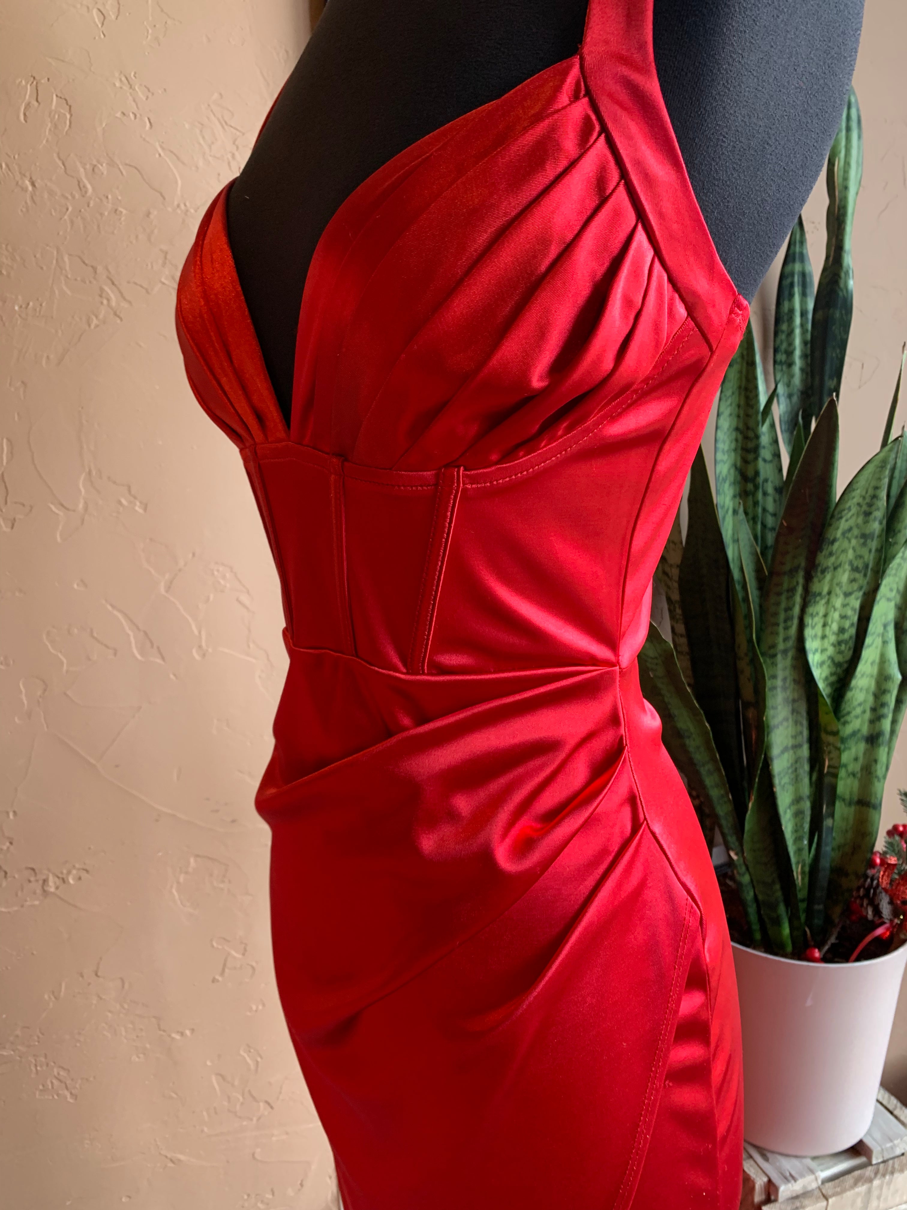 Red Satin Bustier Design Sleeveless Long Evening Dress