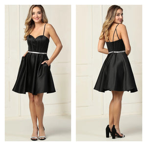 Black Satin Rhinestone Embellished Fit and Flare Mini Cocktail Dress
