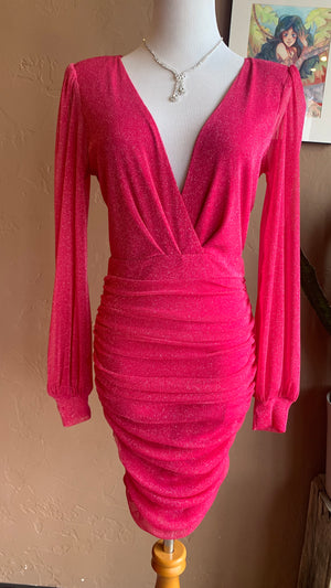 Hot Pink Long Sleeve Shimmer Mini Dress