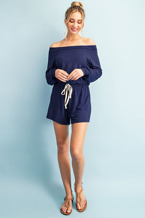 Navy Off the Shoulder Long Sleeve Romper