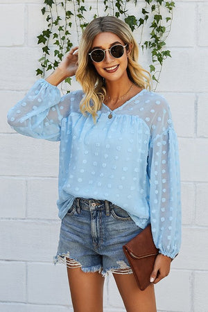 Open image in slideshow, Baby Blue Swiss Dot Long Sleeve Blouse
