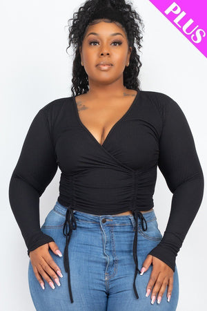 Open image in slideshow, Plus Drawstring Long Sleeve Crop Tops
