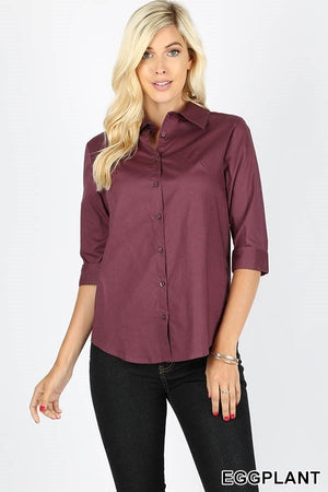 Open image in slideshow, Eggplant Button Down Blouse
