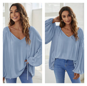 Blue Bohemian Lantern Sleeve Top