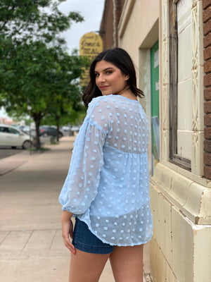 Baby Blue Swiss Dot Long Sleeve Blouse