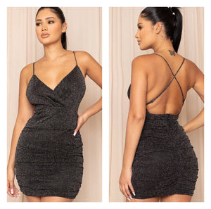 Black Glitter Mesh Cocktail Mini Dress