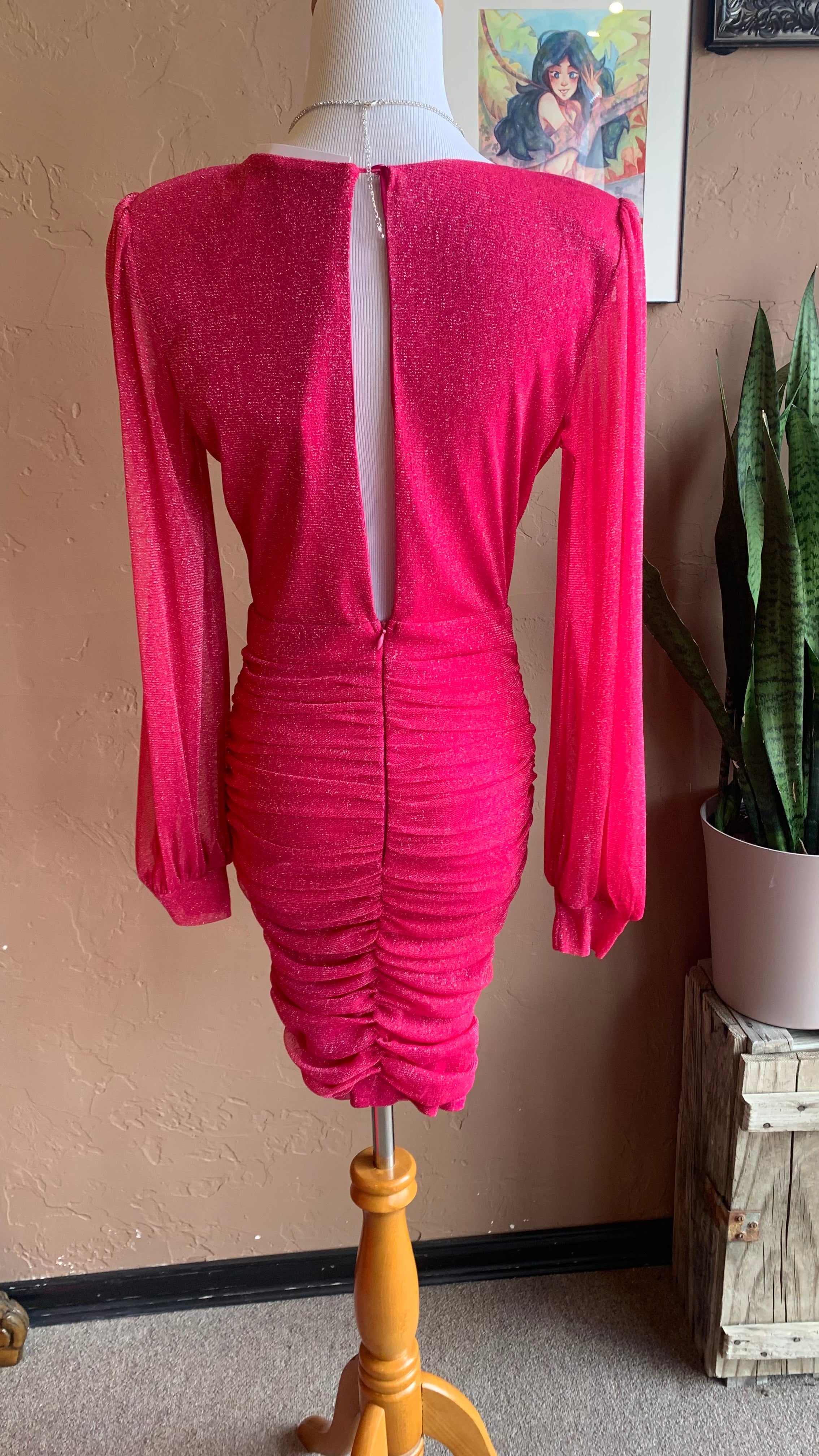 Hot Pink Long Sleeve Shimmer Mini Dress