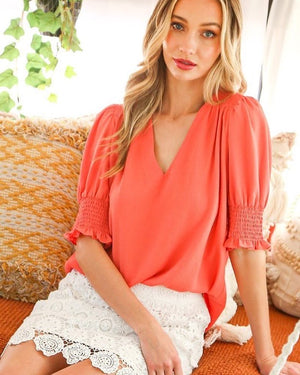 Open image in slideshow, Orange Short Sleeve Smock Top
