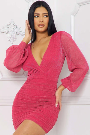 Open image in slideshow, Hot Pink Long Sleeve Shimmer Mini Dress
