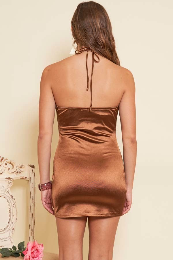 Copper Brown Halter Design Shiny Mini Dress