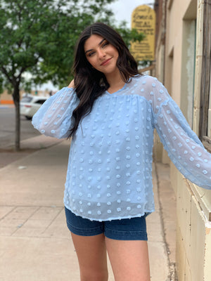 Baby Blue Swiss Dot Long Sleeve Blouse