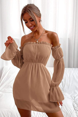 Open image in slideshow, Bohemian Cream Off the Shoulder Mini Dress
