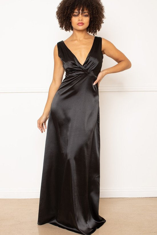 Black Sleeveless Satin Floor Length Evening Dress